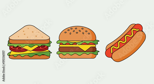 Classic fast food icons: sandwich, burger, and hot dog in cartoon style