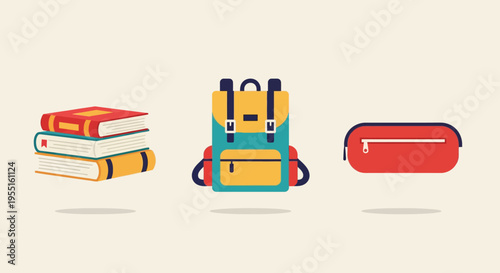 Colorful school supplies with backpack, books, and pencil case on beige background
