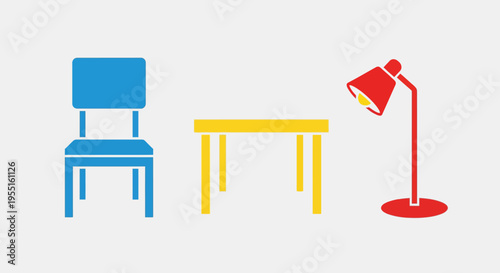 Minimalist colorful furniture set with modern chair, table, and lamp in flat style