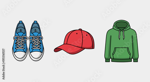 Casual clothing collection: sneakers, cap, and hoodie