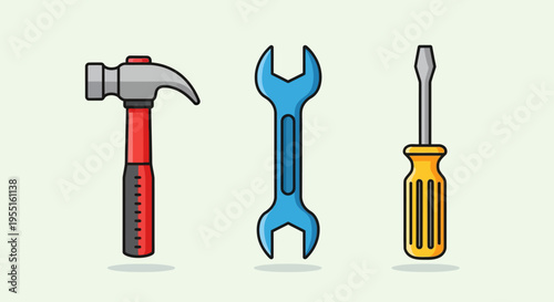 Hand tools set with hammer, wrench, and screwdriver in flat design