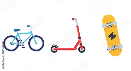 Urban commuter transport: bicycle, scooter, and skateboard on white background
