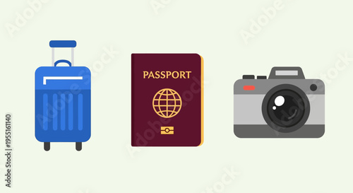 Essential travel icons: suitcase, passport, and camera on light background
