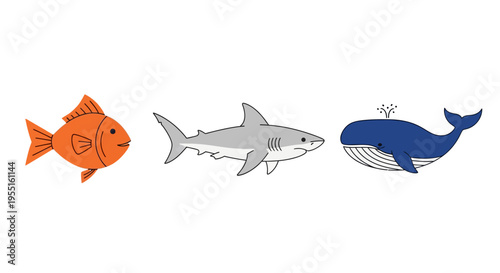 Colorful marine life with fish, shark, and whale in flat design