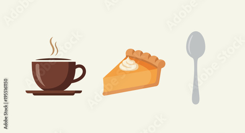 Coffee and pie breakfast with spoon: simple minimal style