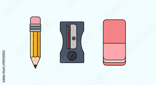 Colorful desk essentials in minimalist linear style on light background