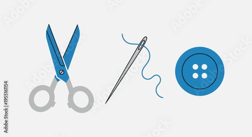 Sewing essentials flat design: scissors, needle with thread, and button