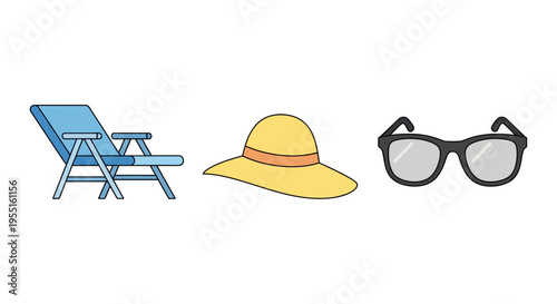 Summer essentials: chair, hat, and sunglasses icons for your beach adventures