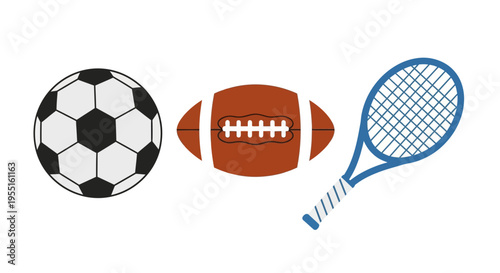 Flat style icons of soccer ball, american football, and tennis racket
