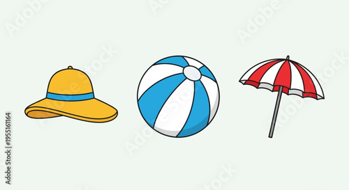 Colorful summer icons: beach ball, sun hat, and umbrella in flat style