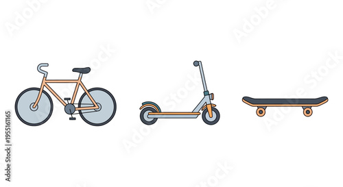Urban transport icons: bicycle, scooter, skateboard minimalist design