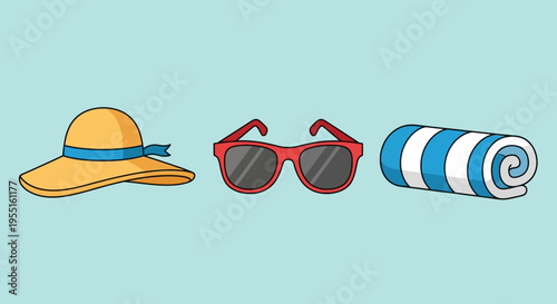 Summer essentials: hat, sunglasses, and towel on light blue