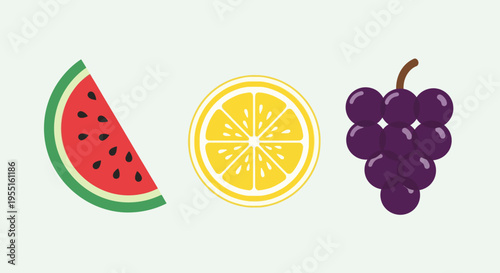 Fresh and vibrant fruit icons in flat design featuring watermelon lemon and grapes
