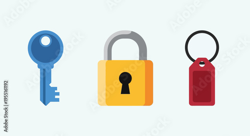 Minimalist icons of key, padlock, and keychain in flat design