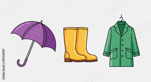 Rainy day essentials: umbrella, boots, and raincoat in flat design style