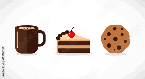 Minimalist dessert icons: coffee cup, chocolate cake slice, and cookie