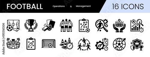 Football and soccer icon set. Filled icons of football operations and management