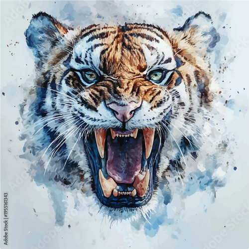 Saber-toothed Tiger, serene watercolor vector artwork with smooth washes of color and refined textures, isolated on a white background.