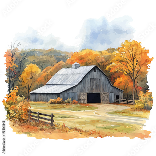Rustic Barn Fall Landscape, serene watercolor vector artwork with smooth washes of color and refined textures, isolated on a white background.