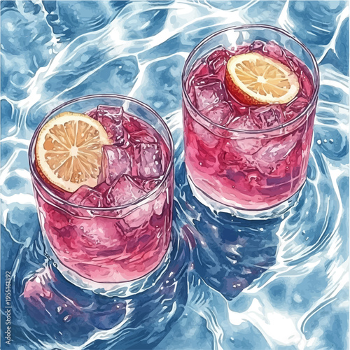 Refreshing Poolside, playful watercolor vector painting with subtle shadowing and soft gradients, isolated on a white background.