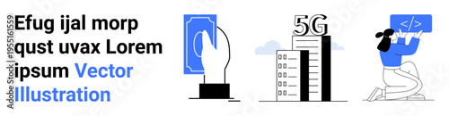 Digital transactions, wireless connectivity, software development, fintech, communication, networking. Hand with phone, 5G tower person coding. Digital transactions and wireless connectivity concept