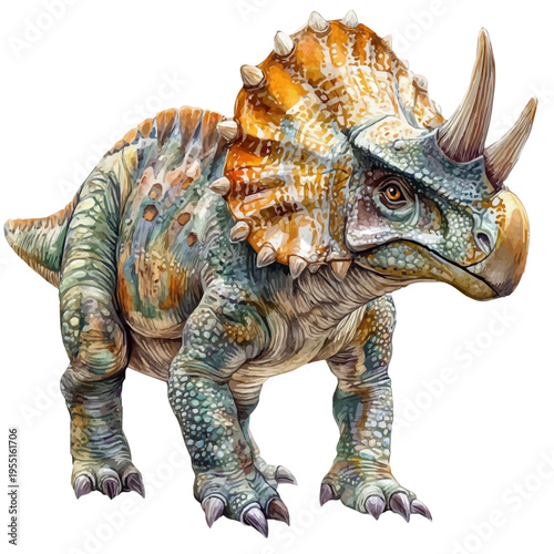 Protoceratops, whimsical watercolor vector illustration with vibrant highlights and delicate strokes, isolated on a white background.