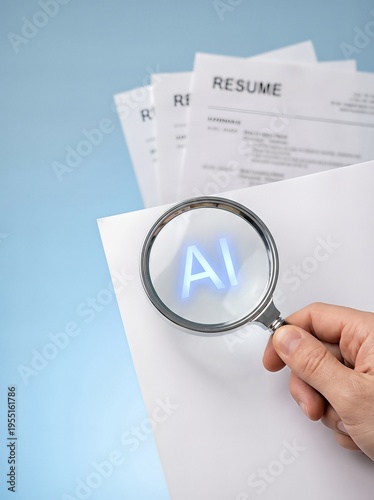 Hand holding a magnifying glass over resumes with AI text on blue gradient background.