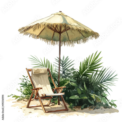 Poolside Relaxation Sunny Day, lively watercolor vector drawing with intricate brush, isolated on a white background.
