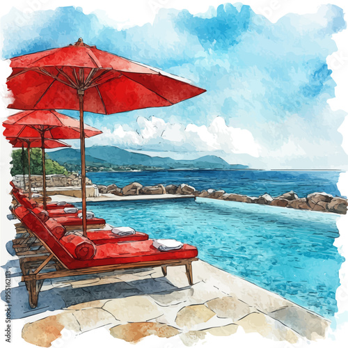 watercolor hand-drawn of Poolside Relaxation Sunny Day, isolated on a white background.