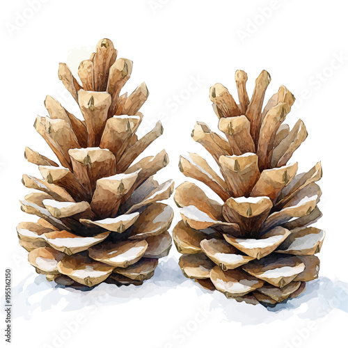 watercolor hand-drawn of Pine Cones On Snow, isolated on a white background.