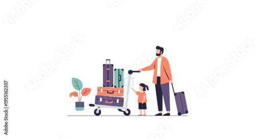 Family travel preparation with father and daughter in minimalist style
