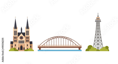 Historic landmark icons featuring cathedral bridge and tower