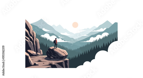 Adventure awaits: hiker on rocky cliff overlooking misty mountain