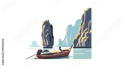 Traditional boat navigating serene waters amid majestic cliffs