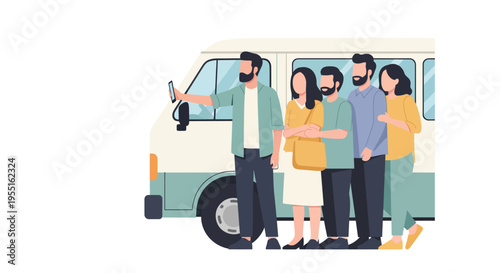 Group taking selfie next to camper van in minimalist style