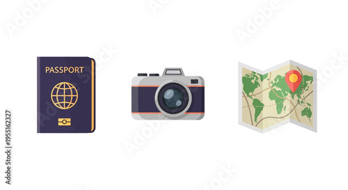 Travel essentials: passport camera and map for adventure-ready