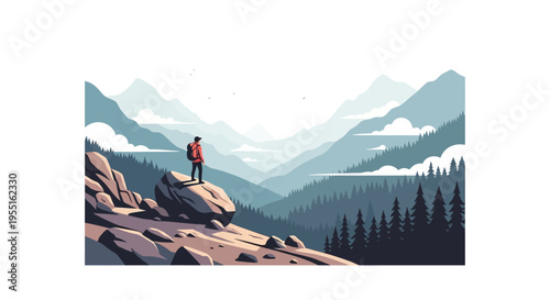 Adventurer standing on rocky cliff overlooking majestic mountain