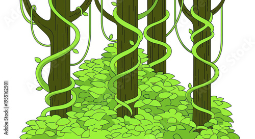 Lush Green Forest Scene with Trees and Vines