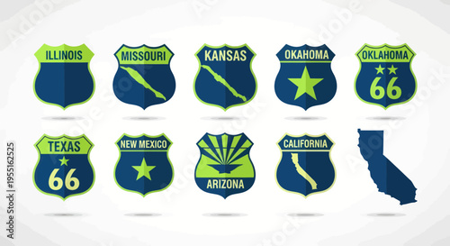 Route 66 State Signs Collection with California Outline Map