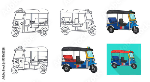 Tuk Tuk Transportation Icons: Sketch, Color, and Flat Design