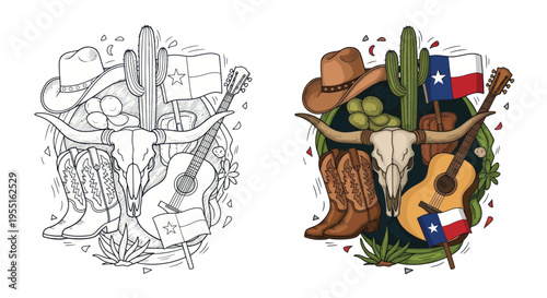 Texas Western Country Style Collage: Cowboy Hat, Boots, Guitar, Longhorn Skull, Cactus, Flags