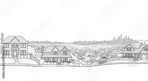 Suburban Neighborhood with City Skyline Background - Line Art Drawing