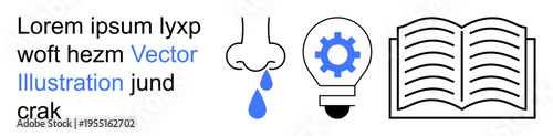 Education, innovation, health, learning tools, problem-solving, visual communication. Open book, lightbulb with gear and a nose dripping. Education and innovation concept