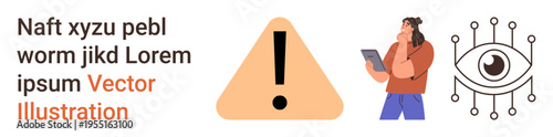 Online safety, cybersecurity education, artificial intelligence, warning systems, human-device interaction, digital analysis. Triangle with exclamation, person on tablet digital eye symbol. Online