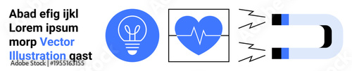Creativity, health monitoring, magnetic fields, innovation, energy, and ideas. A lightbulb symbol, heartbeat icon and magnet. Creativity and health monitoring visualization