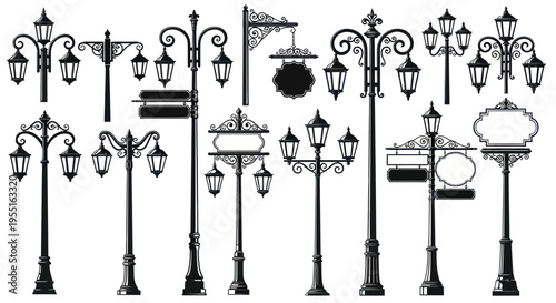 Vintage Street Lamp Posts Collection - Black and White Silhouettes