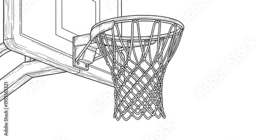 Basketball hoop and net, line art drawing, sports equipment
