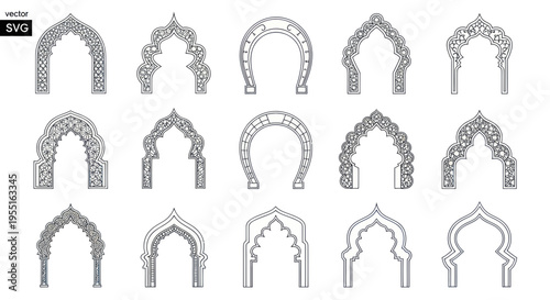 Collection of Ornate Indian Archways, Traditional Architectural Elements, Vector Illustrations