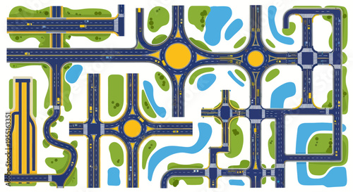 Aerial View of Modern City Road Network and Roundabouts