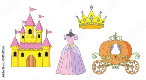 Fairy Tale Princess Elements: Castle, Gown, Crown, Carriage